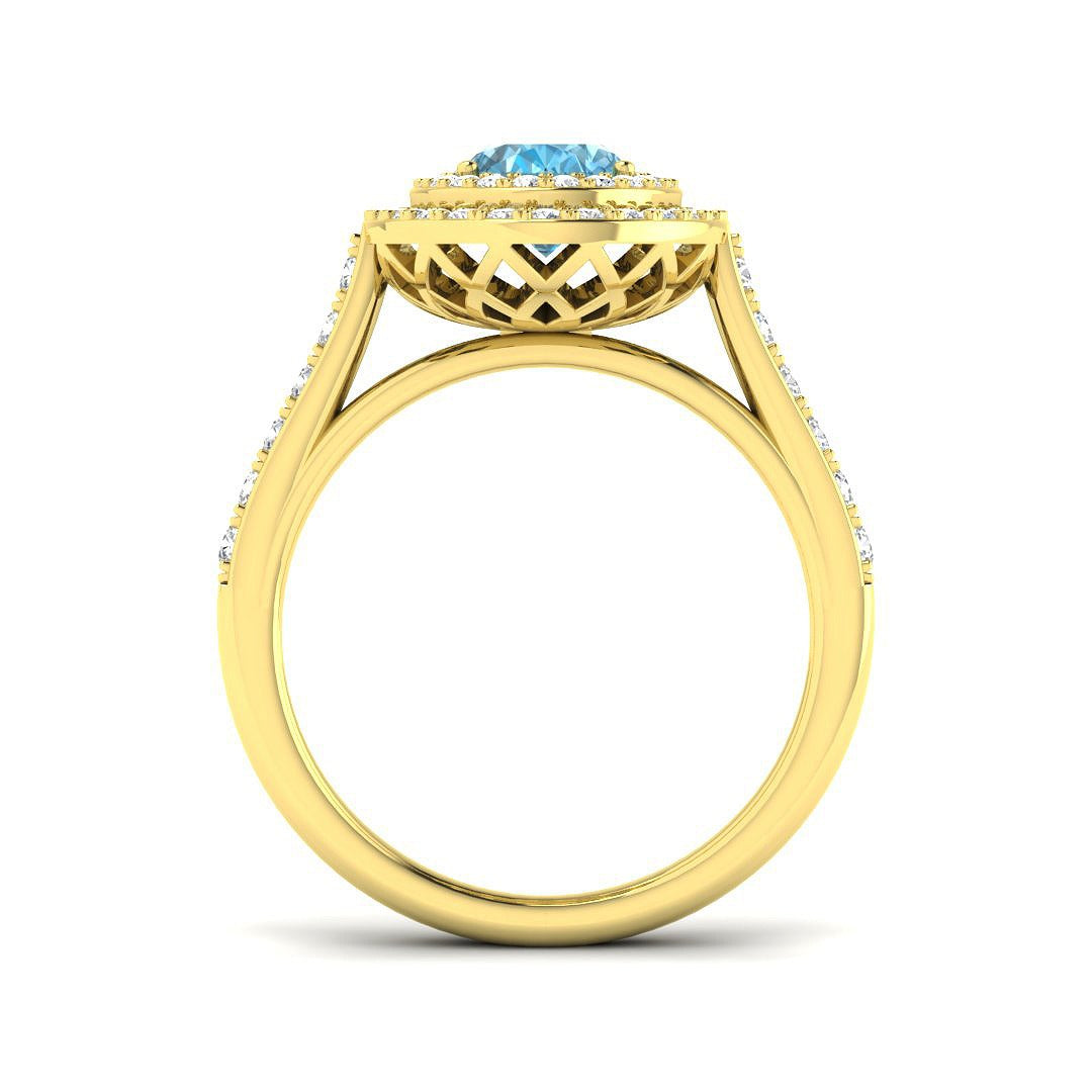 Blue Topaz Double Halo Ring with Round Pave Diamonds in Rose Gold