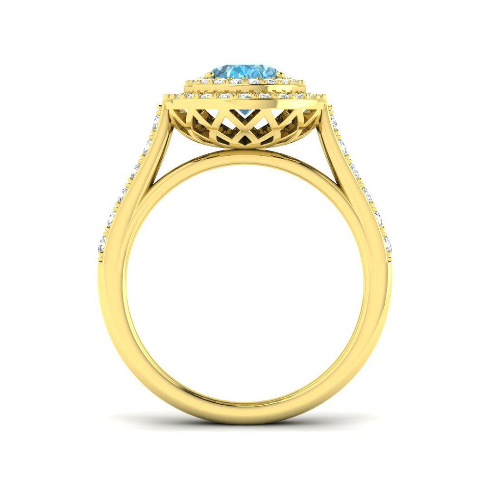 Blue Topaz Double Halo Ring with Round Pave Diamonds in Rose Gold