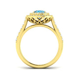 Blue Topaz Double Halo Ring with Round Pave Diamonds in Rose Gold