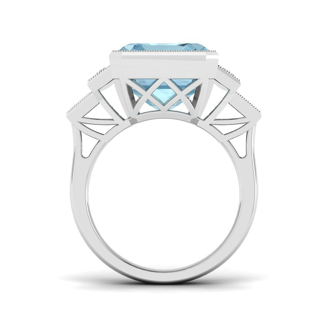 Side View Emerald Cut Aquamarine Ring with Milgrain Diamonds