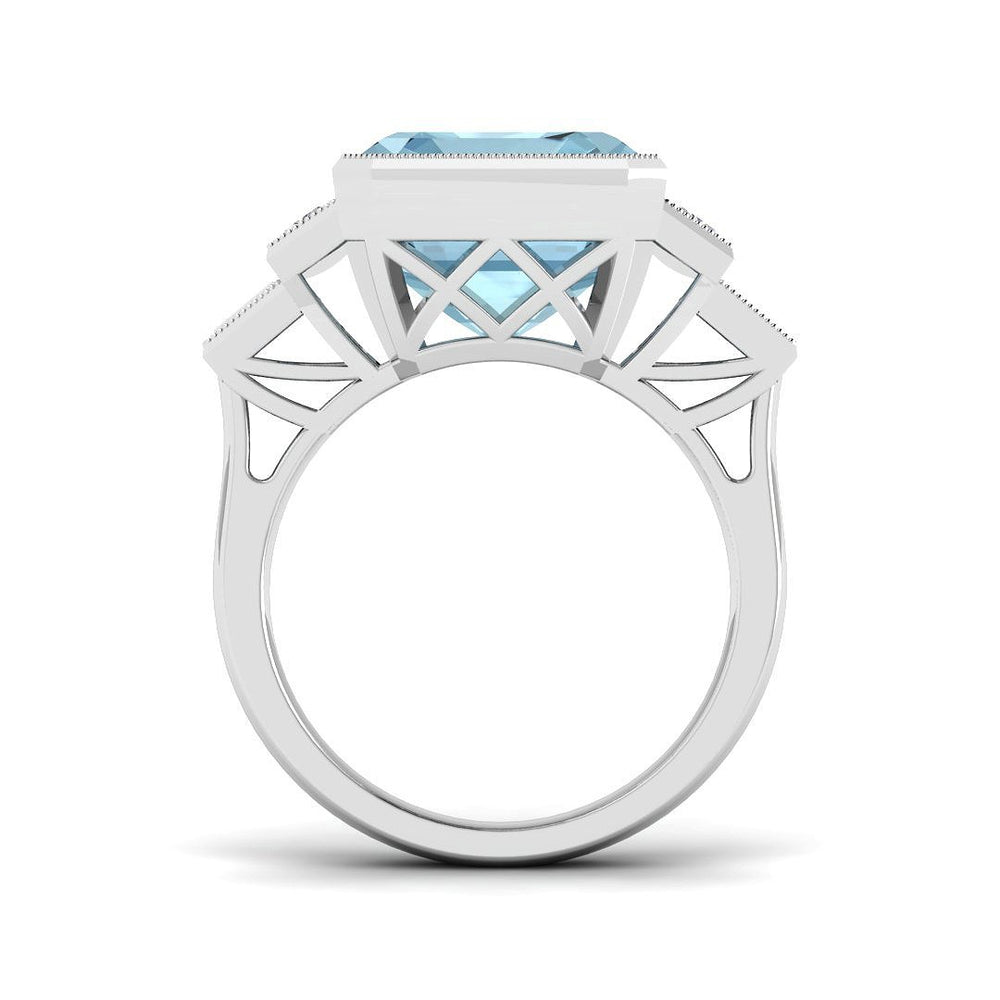 Side View Emerald Cut Aquamarine Ring with Milgrain Diamonds
