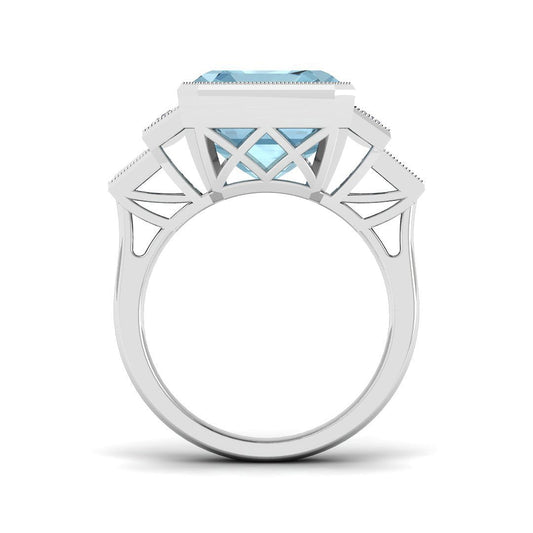 Side View Emerald Cut Aquamarine Ring with Milgrain Diamonds
