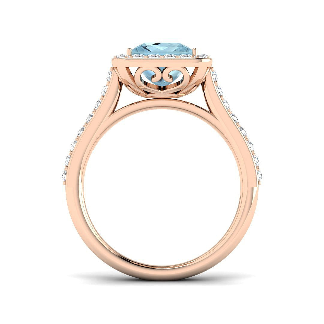 Princess Cut Aquamarine Ring with Round Pave Diamonds in White Gold