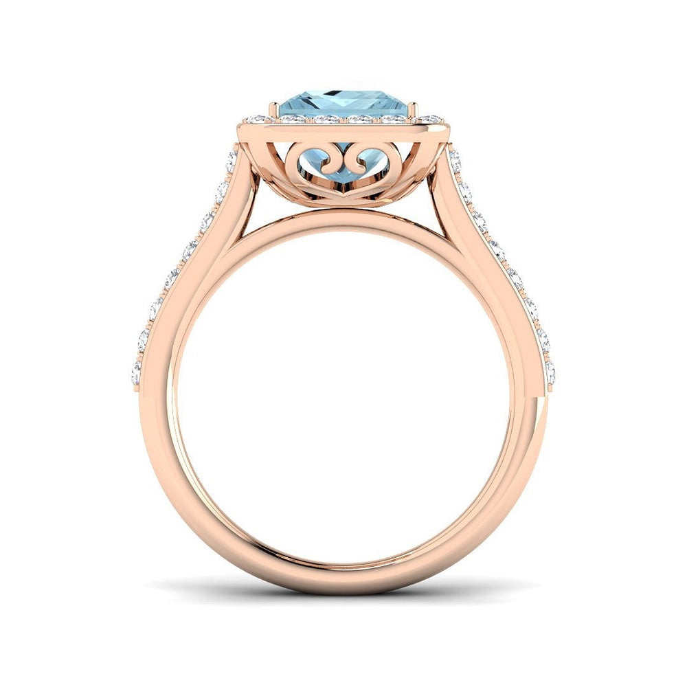Princess Cut Aquamarine Ring with Round Pave Diamonds in White Gold