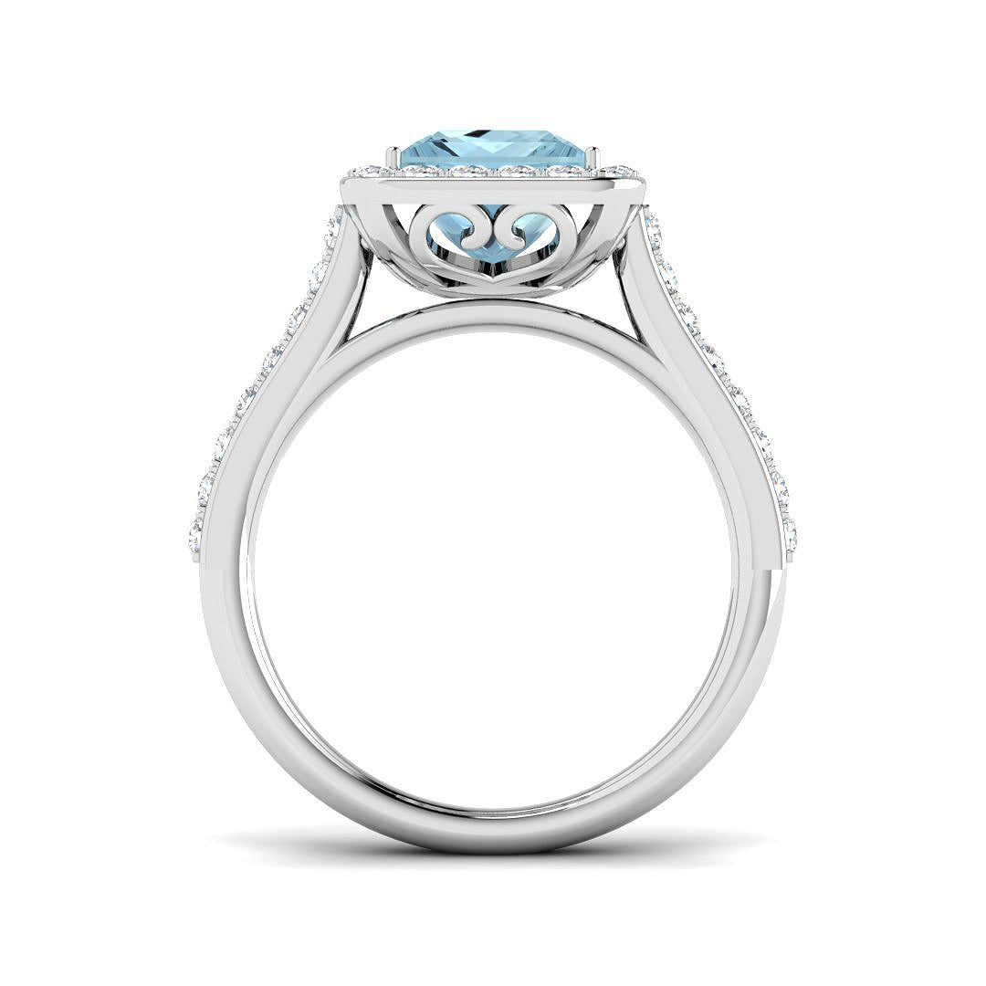 Side View of Princess Cut Aquamarine Ring with Round Pave Diamonds