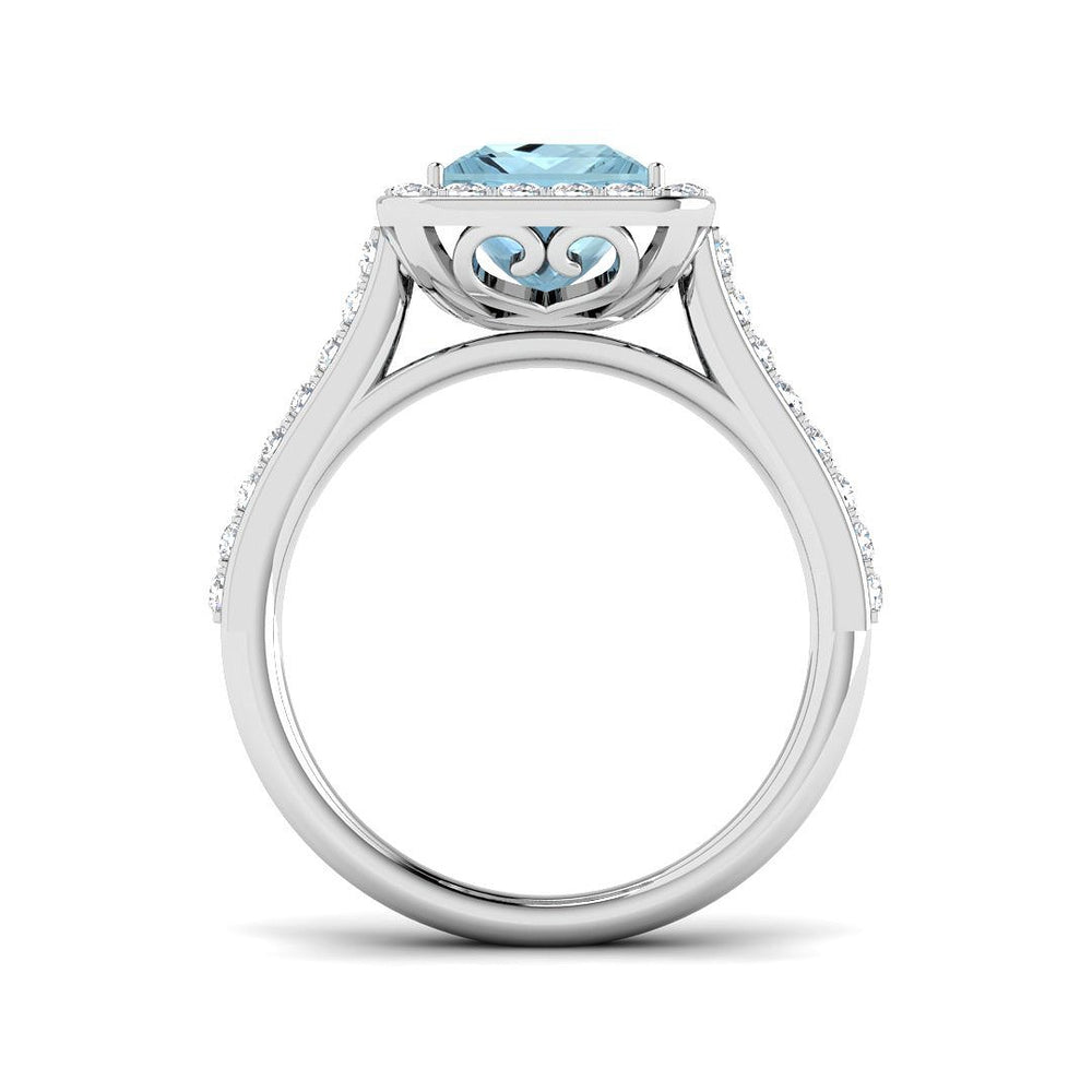 Side View of Princess Cut Aquamarine Ring with Round Pave Diamonds