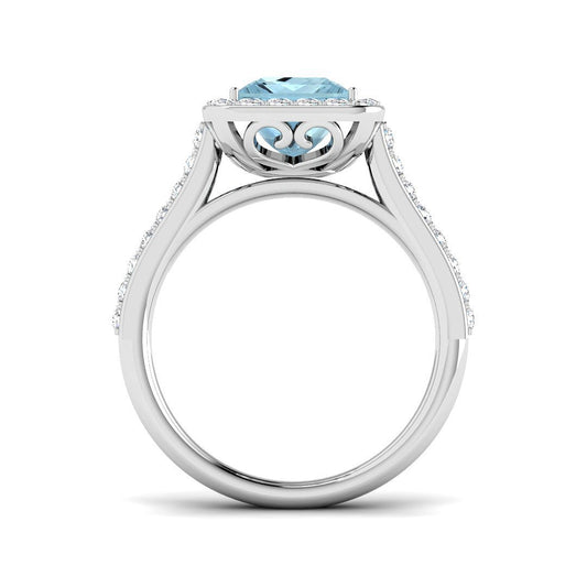 Side View of Princess Cut Aquamarine Ring with Round Pave Diamonds
