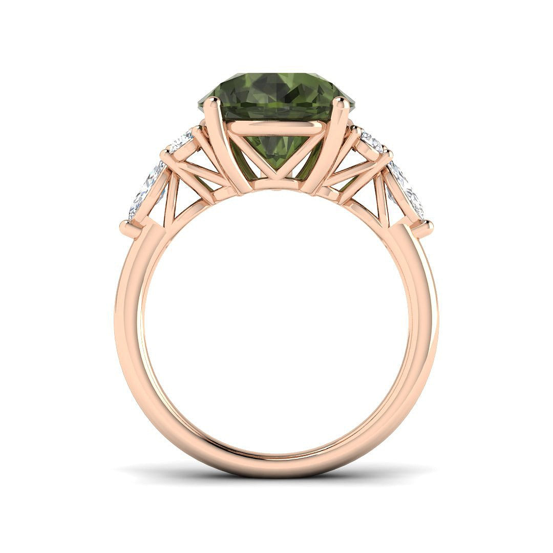 Lab-Grown Green Tourmaline Pear Ring | Halo Round Diamond | 9K 18K Platinum