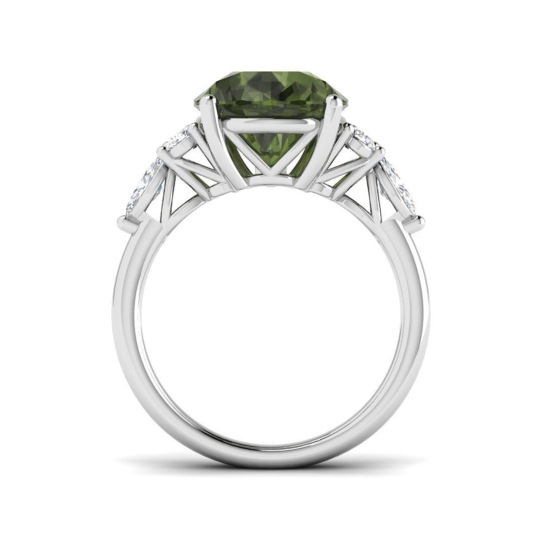 Lab-Grown Green Tourmaline Pear Ring | Halo Round Diamond | 9K 18K Platinum