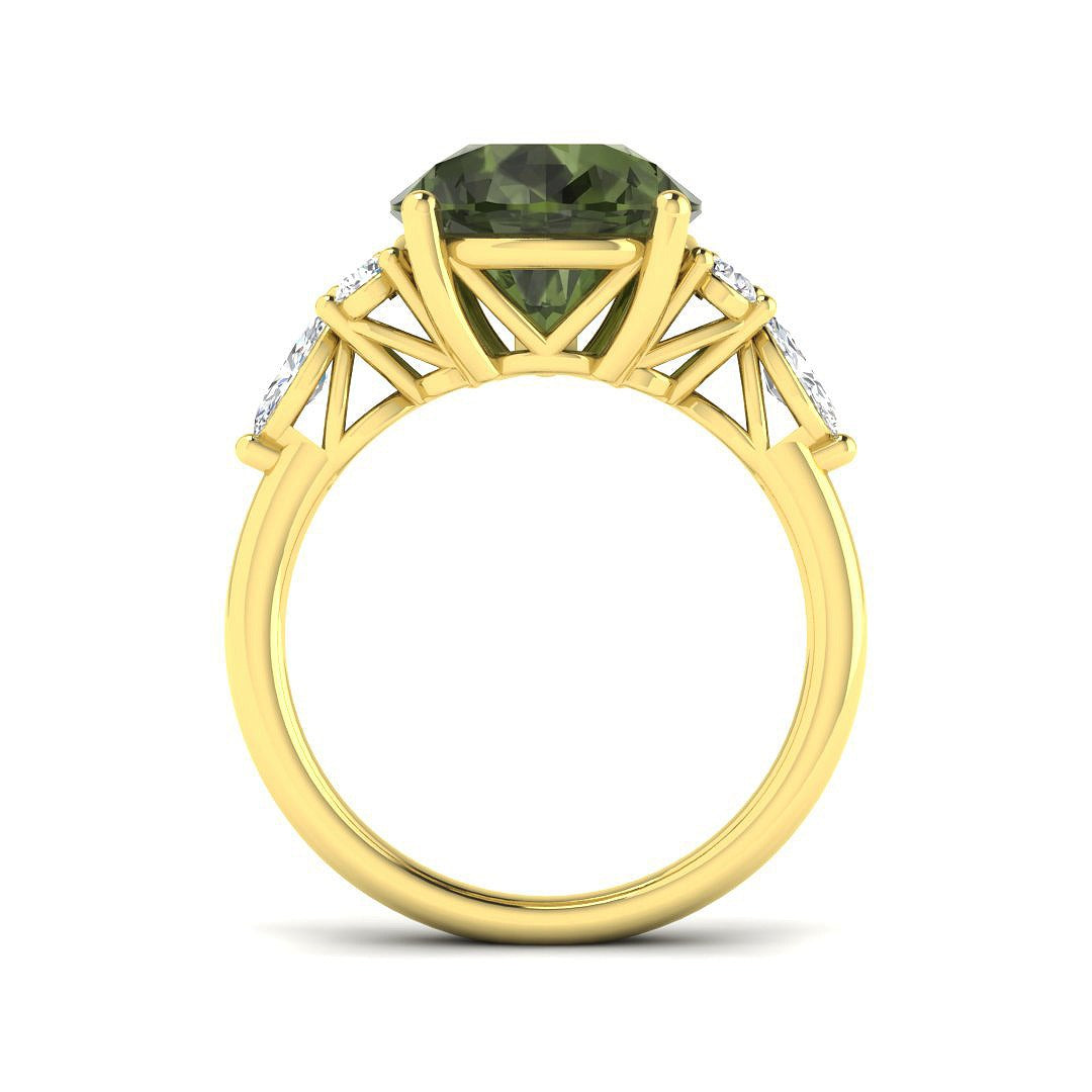 Lab-Grown Green Tourmaline Pear Ring | Halo Round Diamond | 9K 18K Platinum