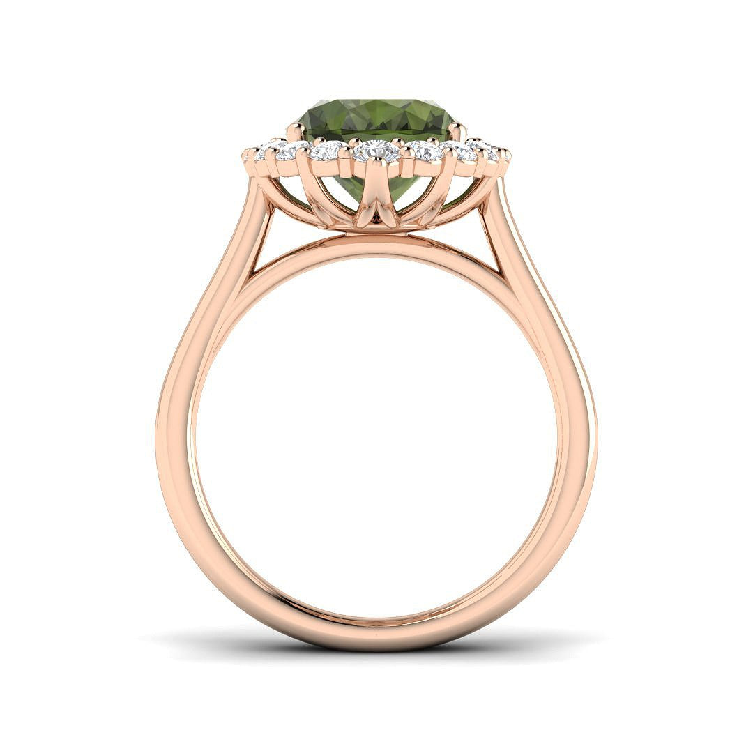 Oval Green Tourmaline Ring with Round Halo Diamonds | Lab & Natural