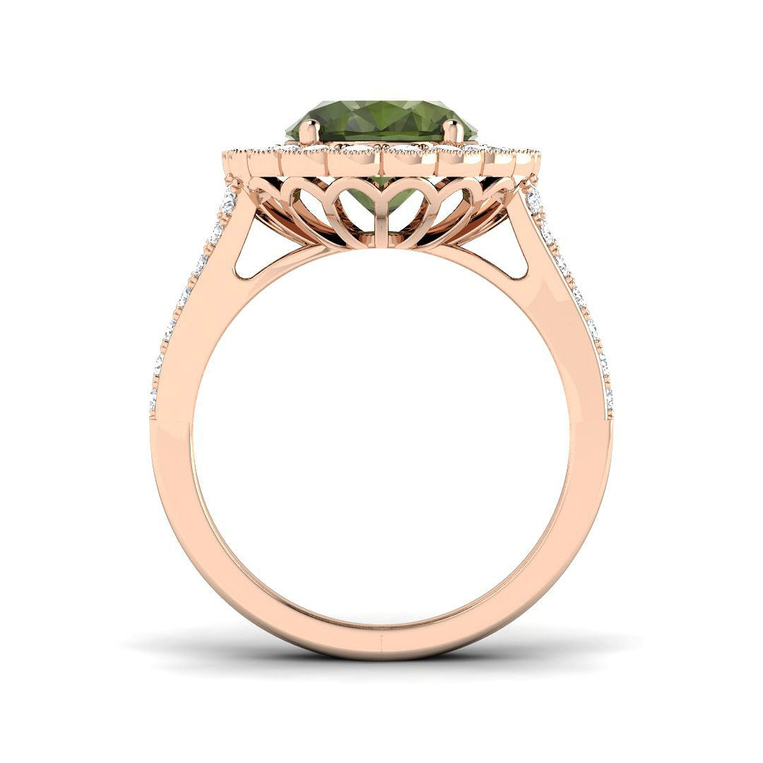 Lab-Grown Oval Green Tourmaline Halo Ring | Round Diamond Side Stones
