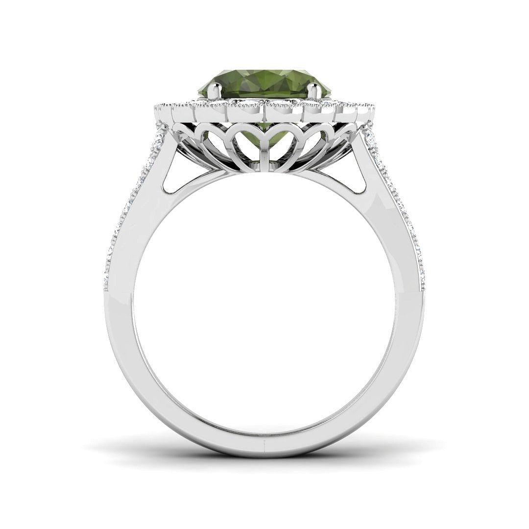 Lab-Grown Oval Green Tourmaline Halo Ring | Round Diamond Side Stones