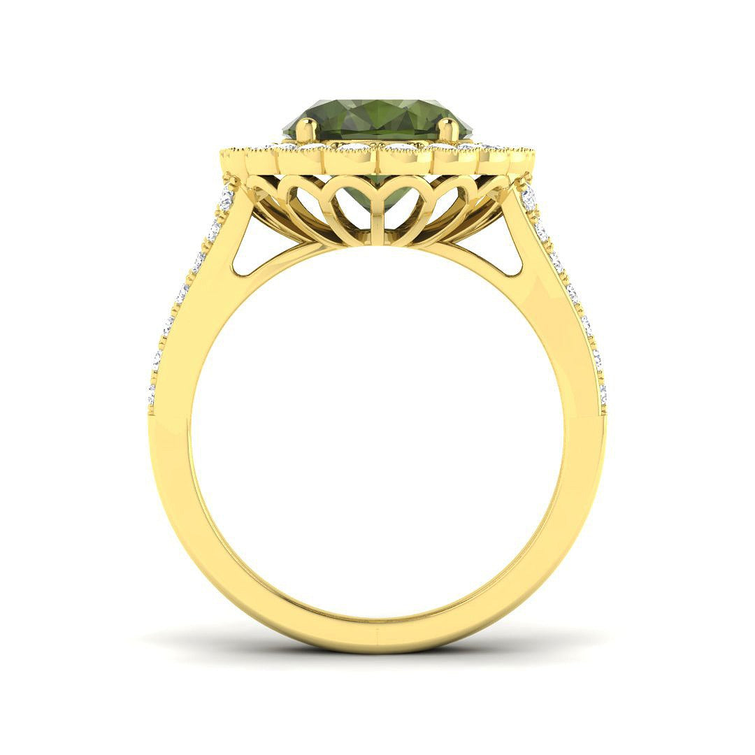 Lab-Grown Oval Green Tourmaline Halo Ring | Round Diamond Side Stones