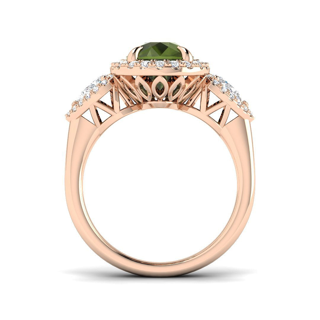 Green Tourmaline Ring with Diamond Halo | UK Hallmarked