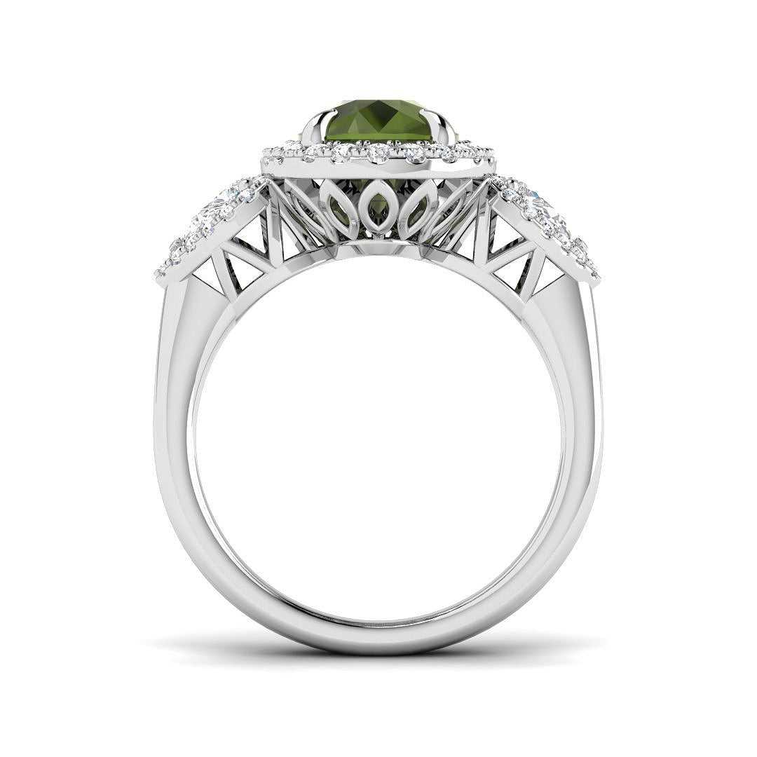 Green Tourmaline Ring with Diamond Halo | UK Hallmarked