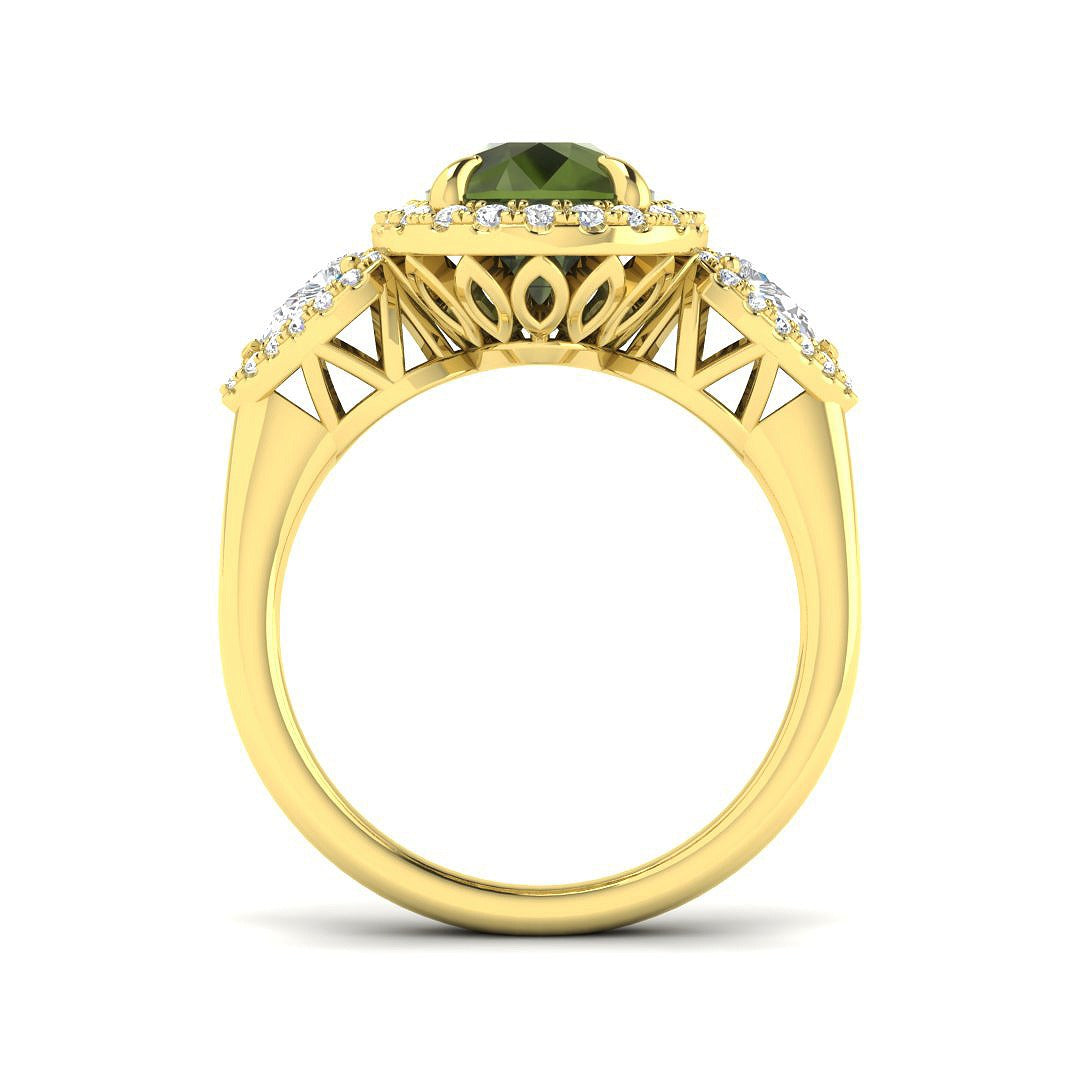 Green Tourmaline Ring with Diamond Halo | UK Hallmarked