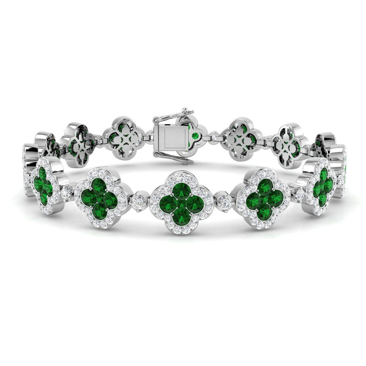 18K White Gold Clover Set Emerald Gemstone and Round Diamond Tennis Bracelet