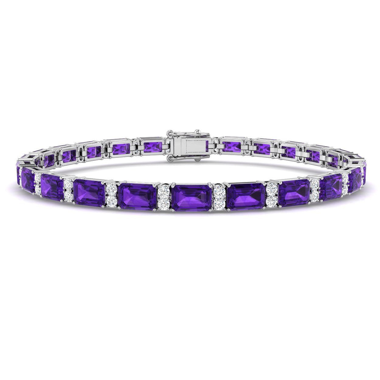 9K White Gold Emerald Cut Amethyst and Diamond Tennis Bracelet in Prong Set | UK Made