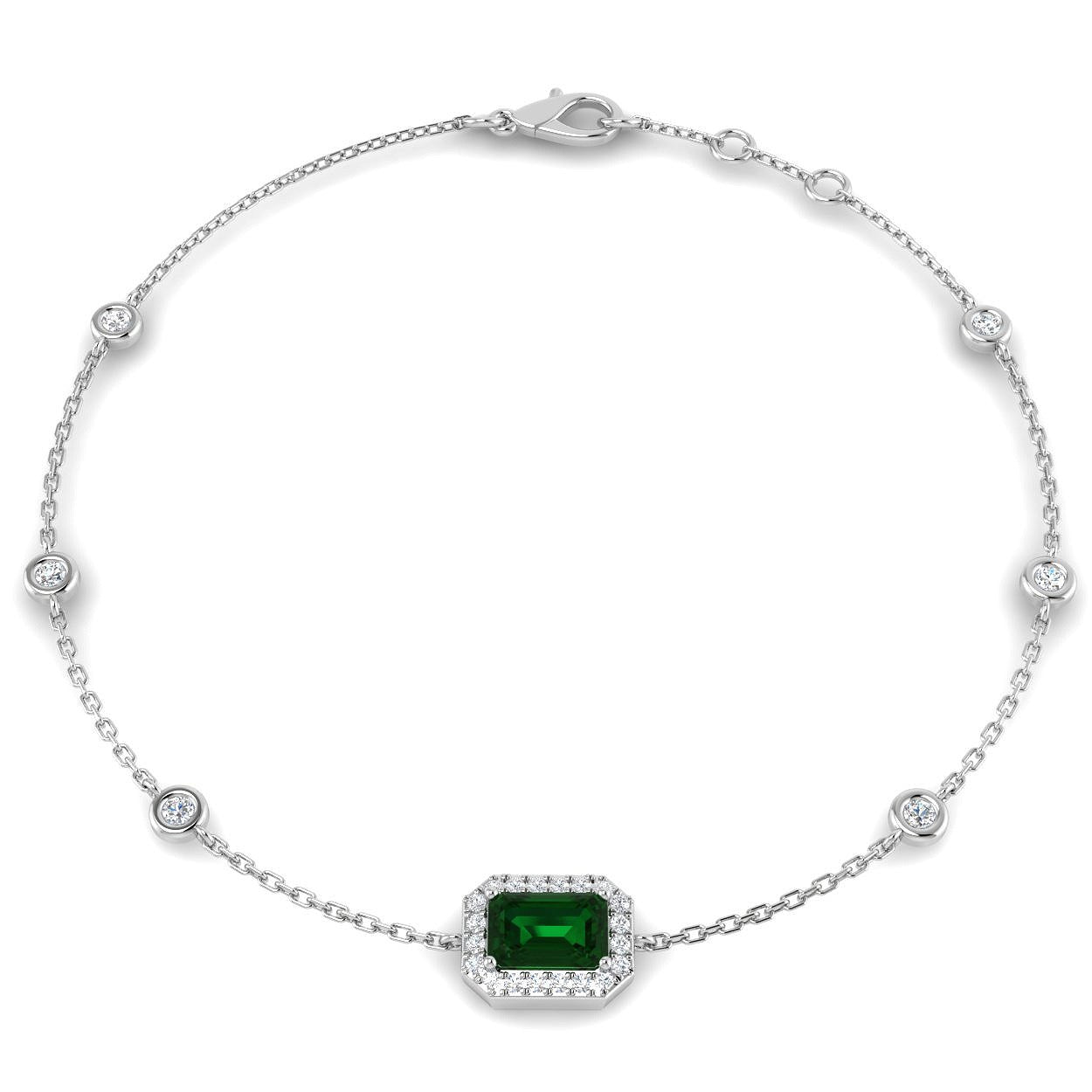 Solitaire Emerald Gemstone with Bezel Set Round Natural Diamond Link Bracelet in 18K White Gold