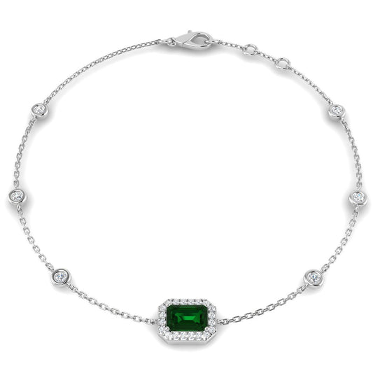 Solitaire Emerald Gemstone with Bezel Set Round Natural Diamond Link Bracelet in 18K White Gold