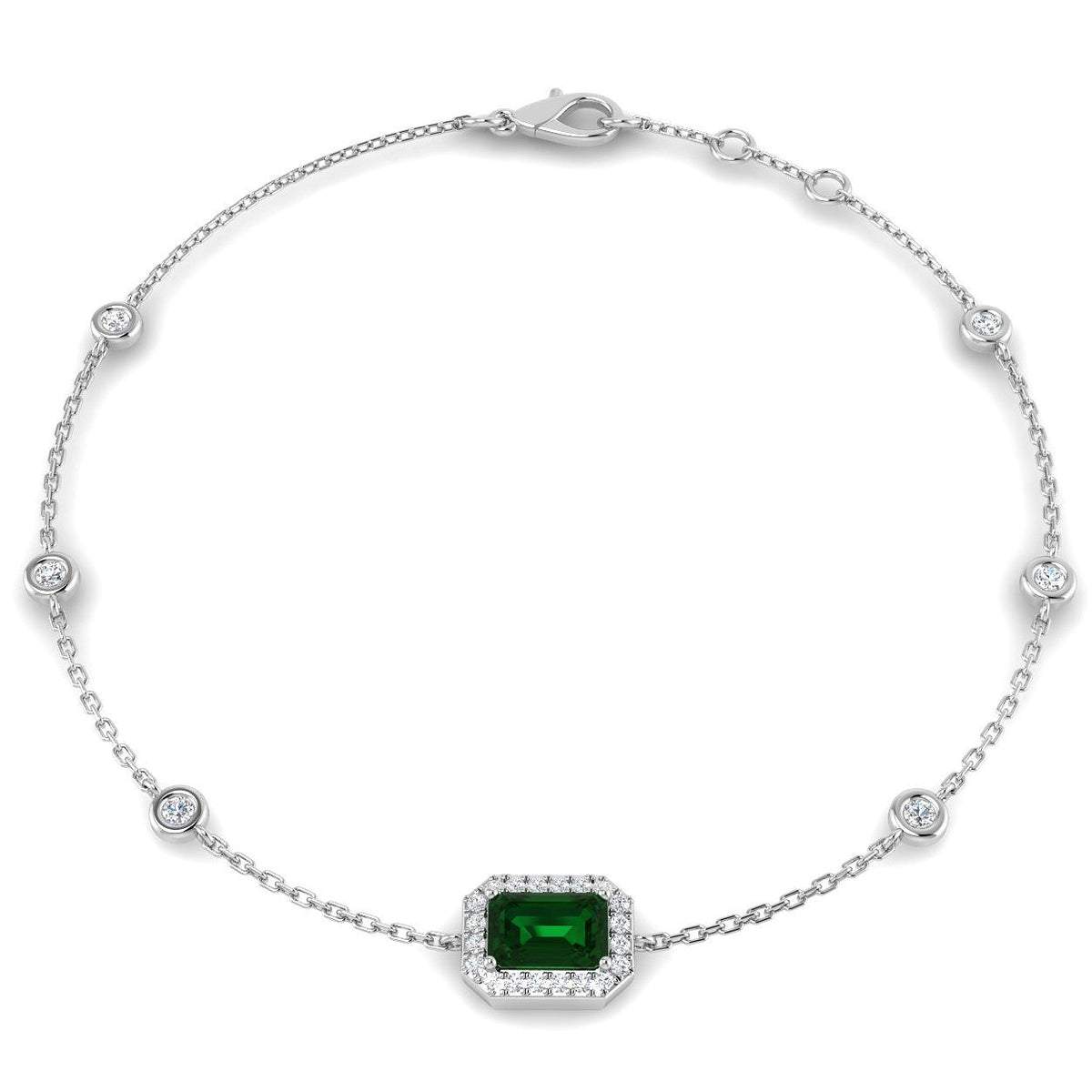 Solitaire Emerald Gemstone with Bezel Set Round Natural Diamond Link Bracelet in 18K White Gold