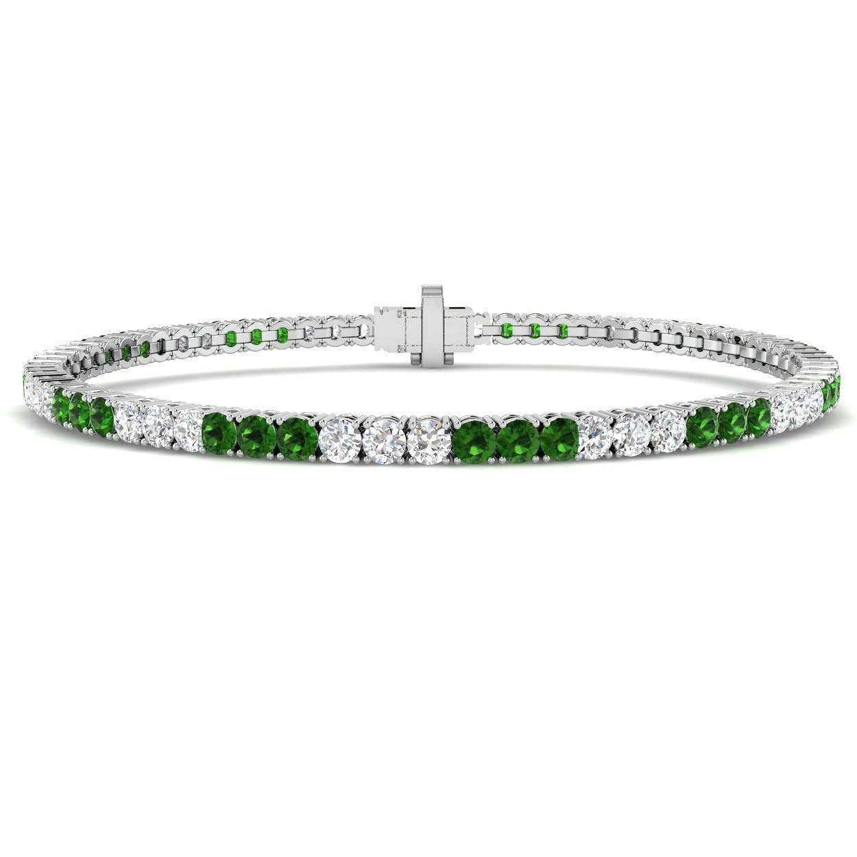 Round Brilliant Cut Tsavorite and Natural Diamond Tennis Bracelet in 18K Solid Gold