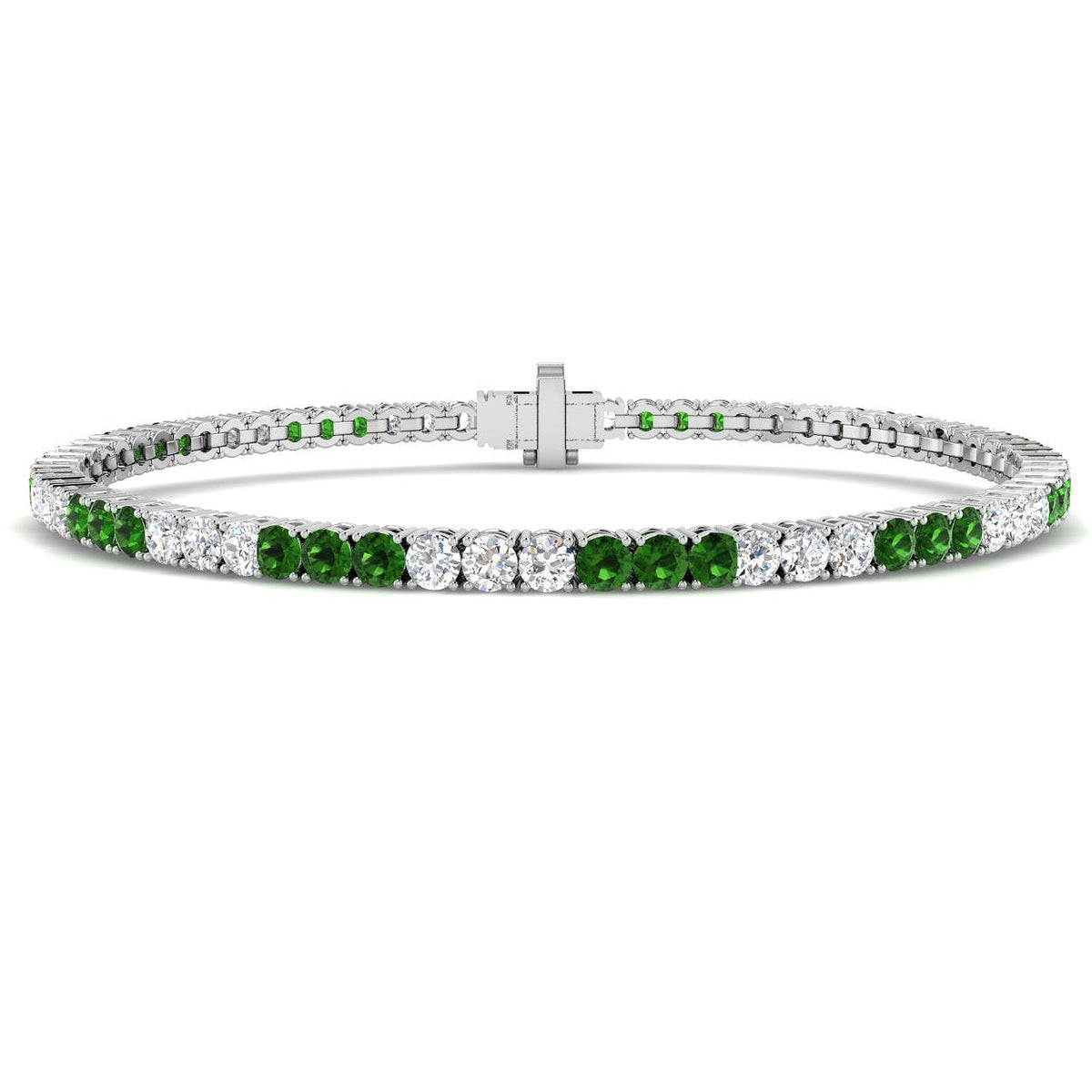 Round Brilliant Cut Tsavorite and Natural Diamond Tennis Bracelet in 18K Solid Gold