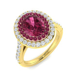 Pink Tourmaline Halo Ring in oval cut, featuring a natural diamond halo and a vibrant pink tourmaline centerpiece.