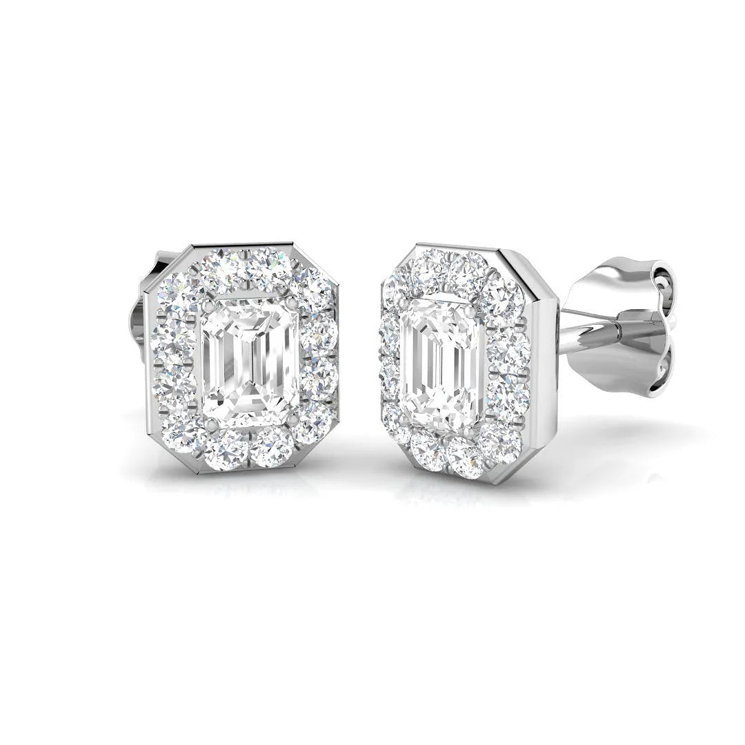 1.00 Ct DE/VVS Lab Grown Emerald Cut Diamond Halo Earring in 18K White Gold