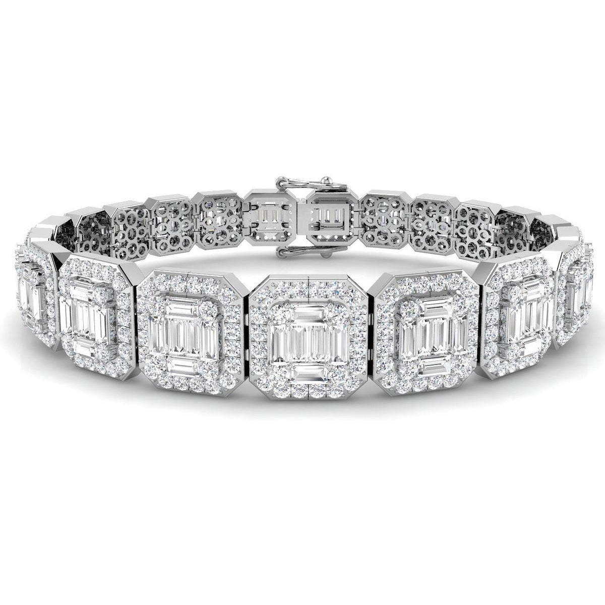 9K White Gold Natural Diamond 7.20Ct Emerald Style Bracelet | Baguette & Round Cut