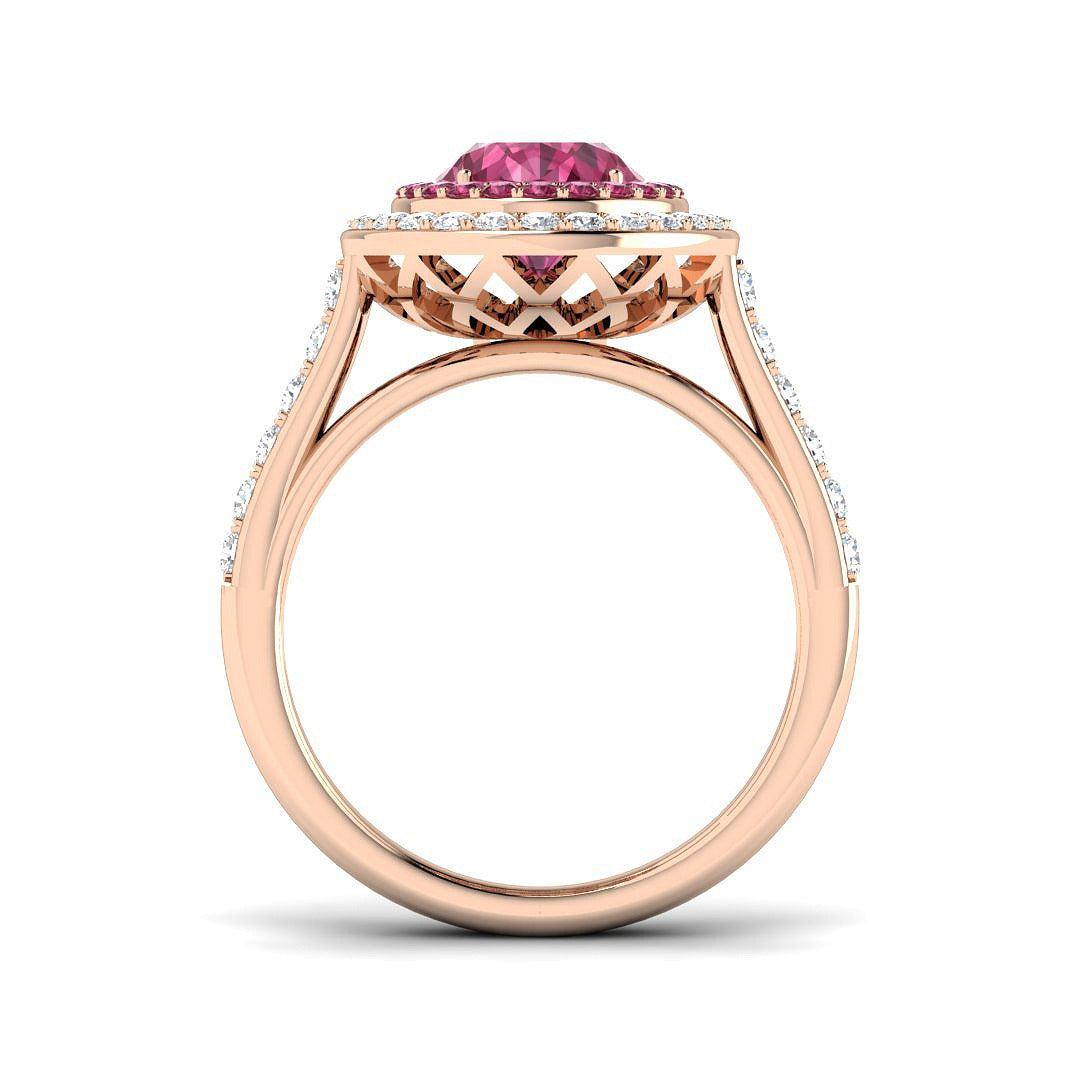 Pink Tourmaline Halo Ring in Oval Cut with Round Natural Diamond Halo