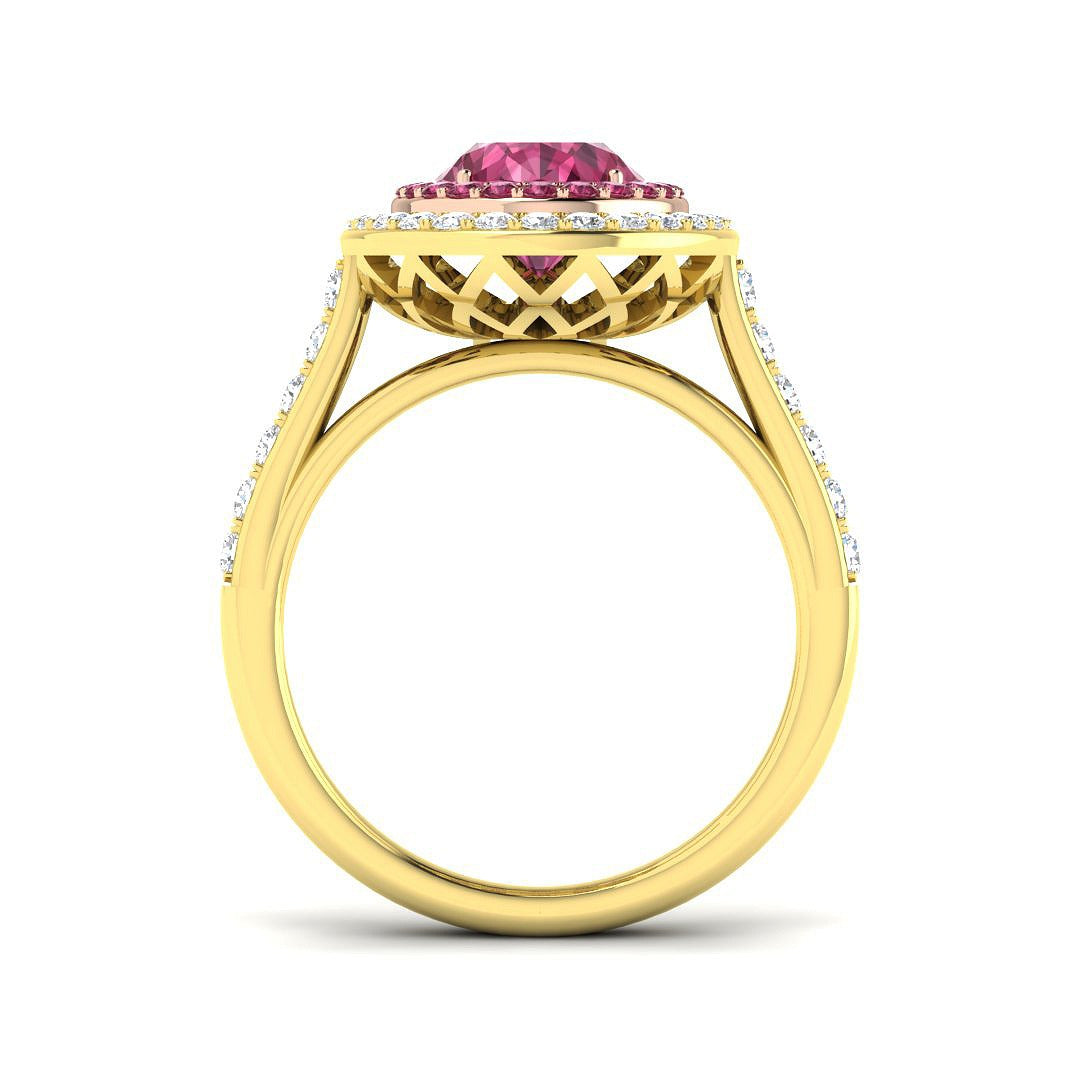 Pink Tourmaline Halo Ring showcasing an oval cut pink tourmaline center and round diamond halo in a luxurious gold setting.
