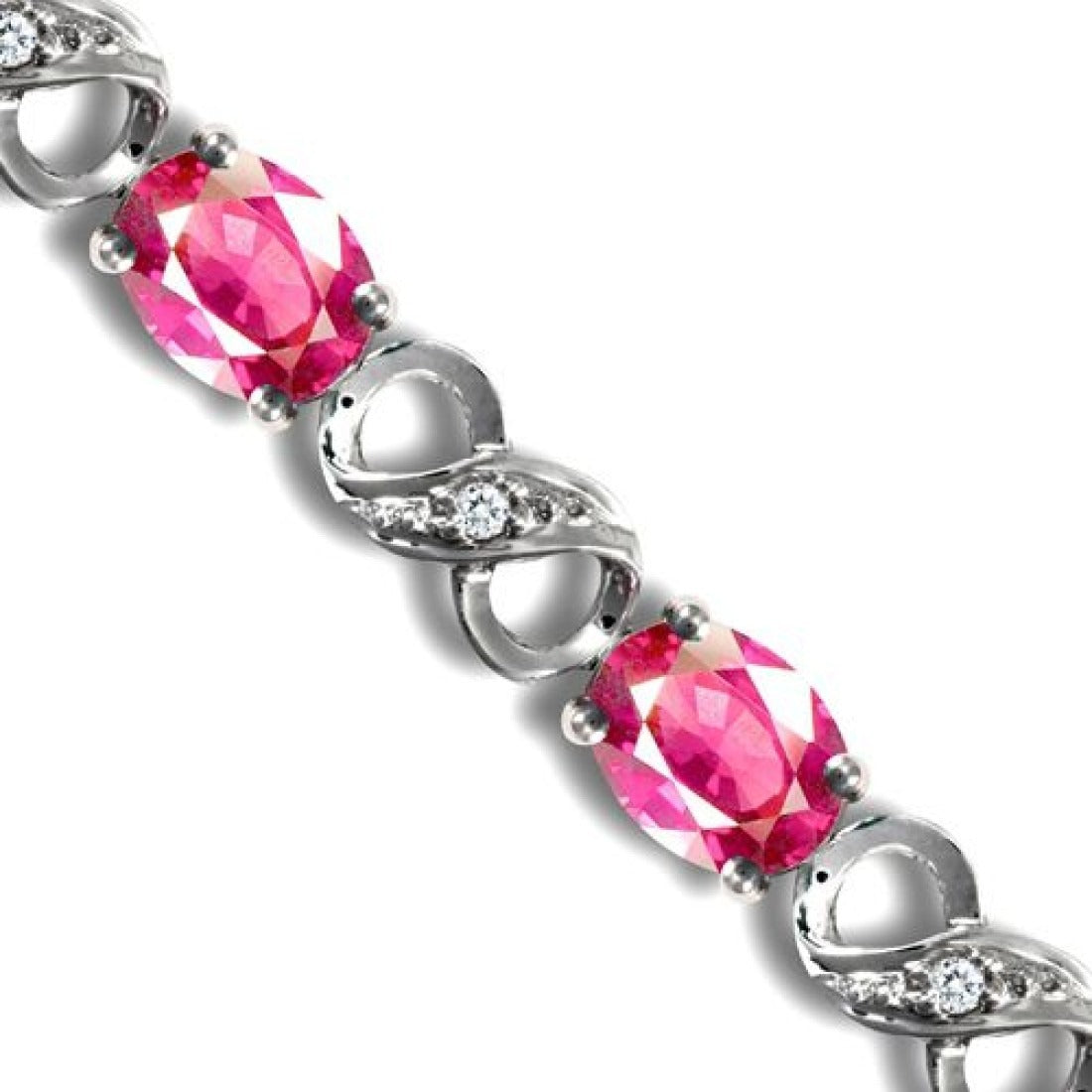 18K White Gold Pink Sapphire & Round Natural Diamonds Prong-Set Gemstone Bracelet