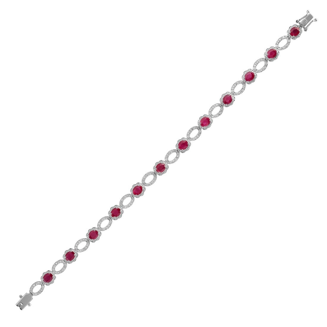 18K White Gold Oval Link Bracelet in Ruby Gemstones and Round Natural Diamonds