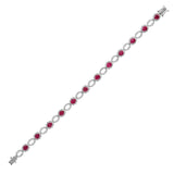 18K White Gold Oval Link Bracelet in Ruby Gemstones and Round Natural Diamonds
