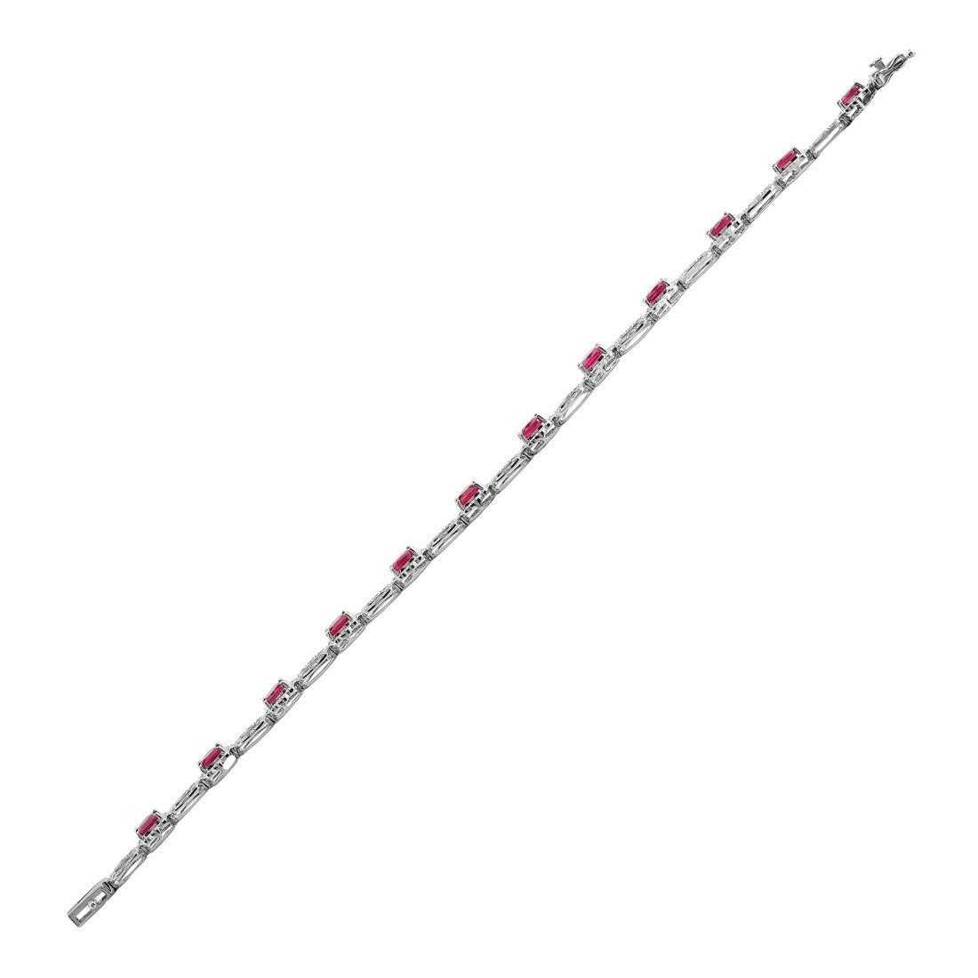 18K White Gold Oval Link Bracelet in Ruby Gemstones and Round Natural Diamonds