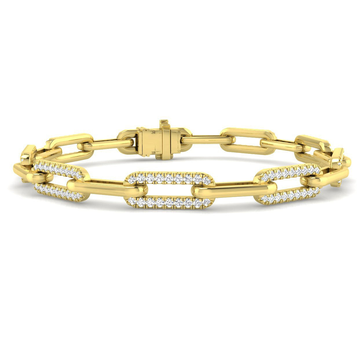 Round Pave Lab Grown Diamond Paperclip Link Bracelet with Pave Center Link in 9K/18K Gold