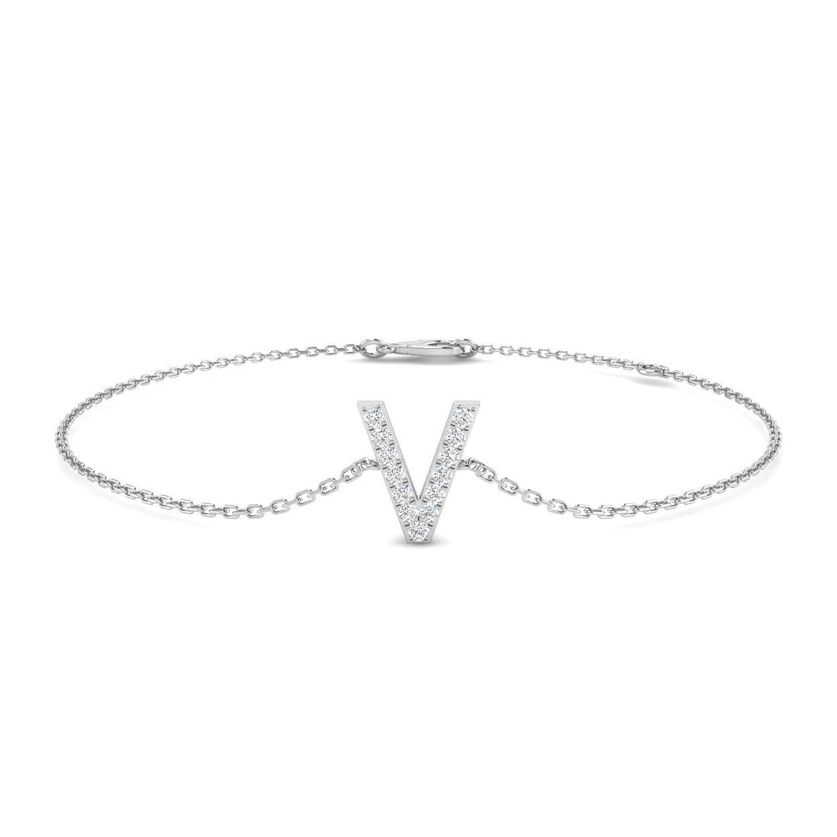 Natural Round Diamond Initial V Bracelet in Platinum