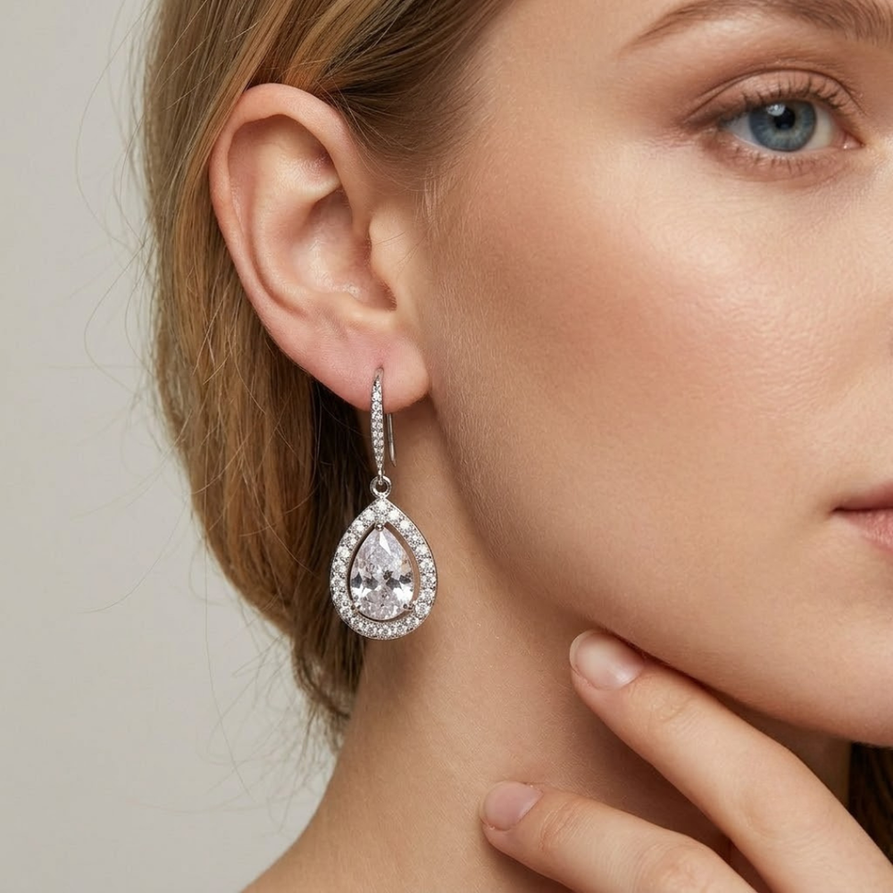 Lab Grown Diamond Pear Halo Dangle Drop Earrings 18K Rose Gold