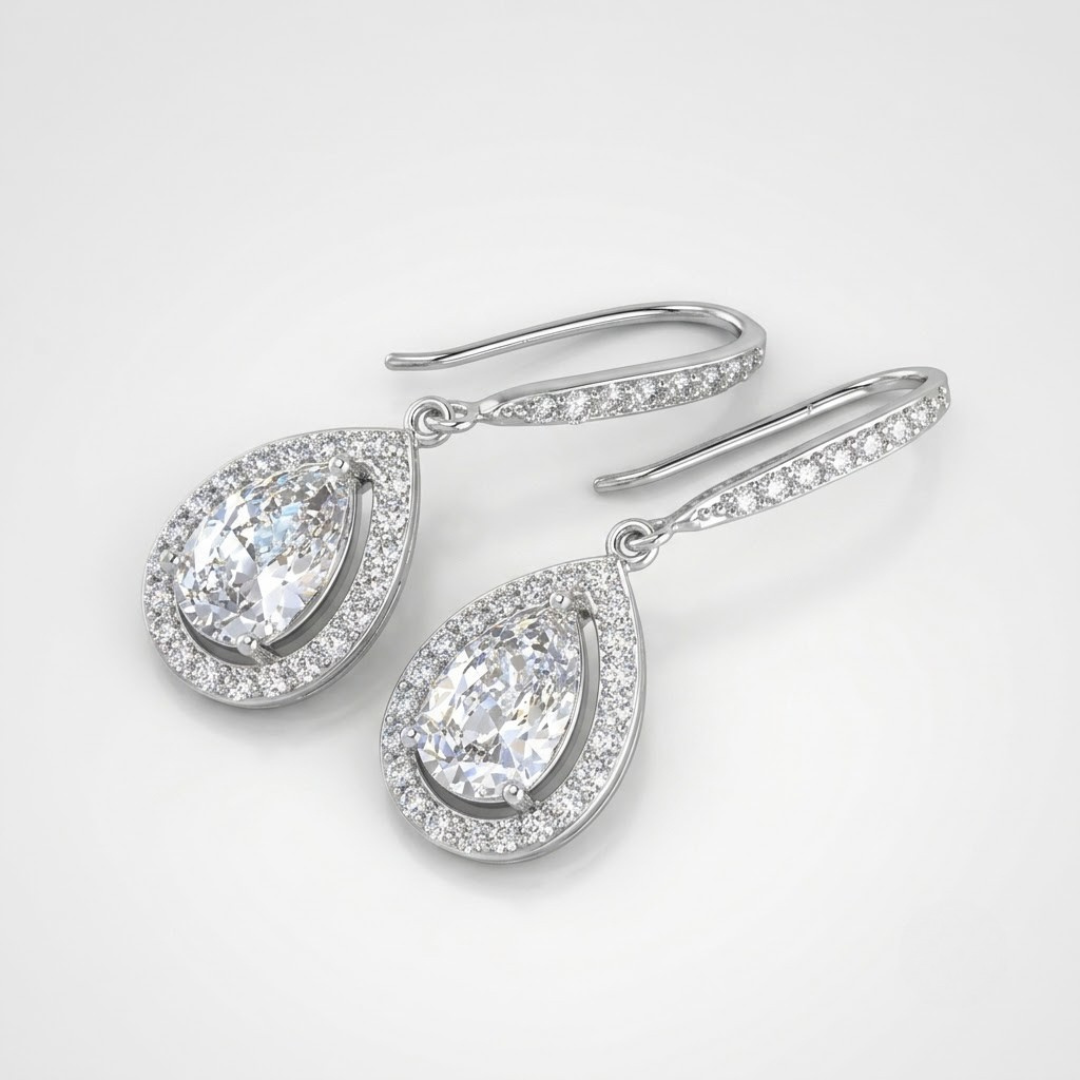 Lab Grown Diamond Pear Halo Dangle Drop Earrings 18K White Gold