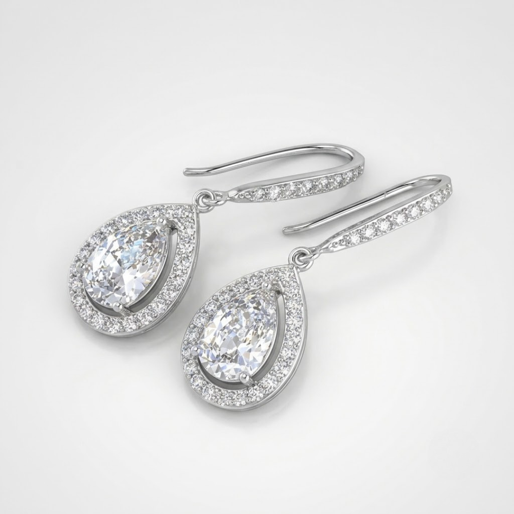 Lab Grown Diamond Pear Halo Dangle Drop Earrings 18K White Gold