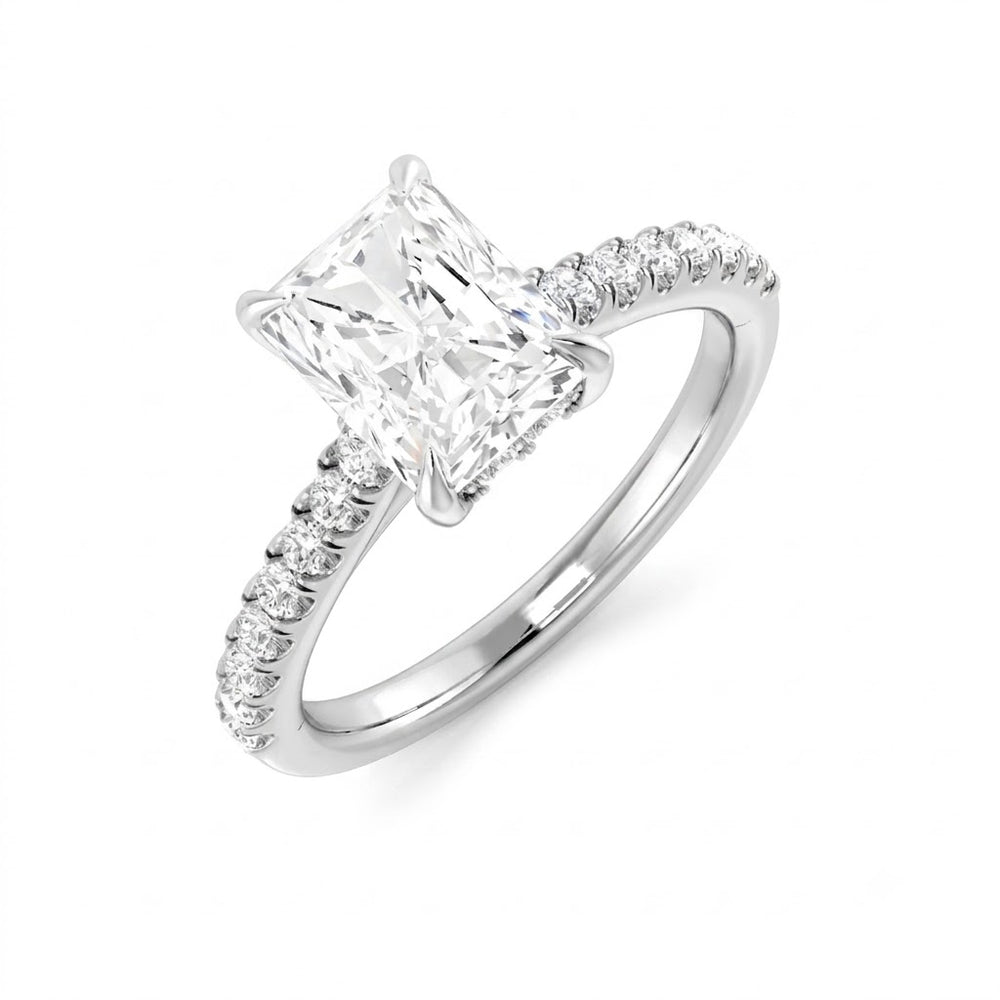 radiant diamond solitaire claw set engagement ring with pave diamond band