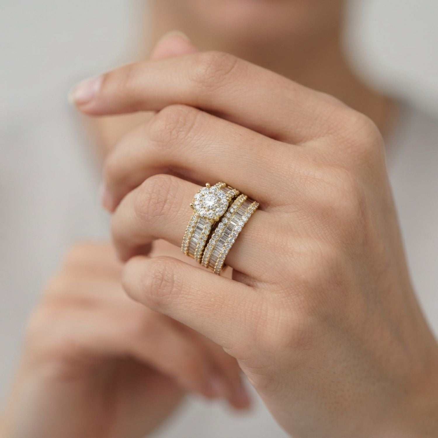 lab grown diamond round and baguette wedding bridal set ring