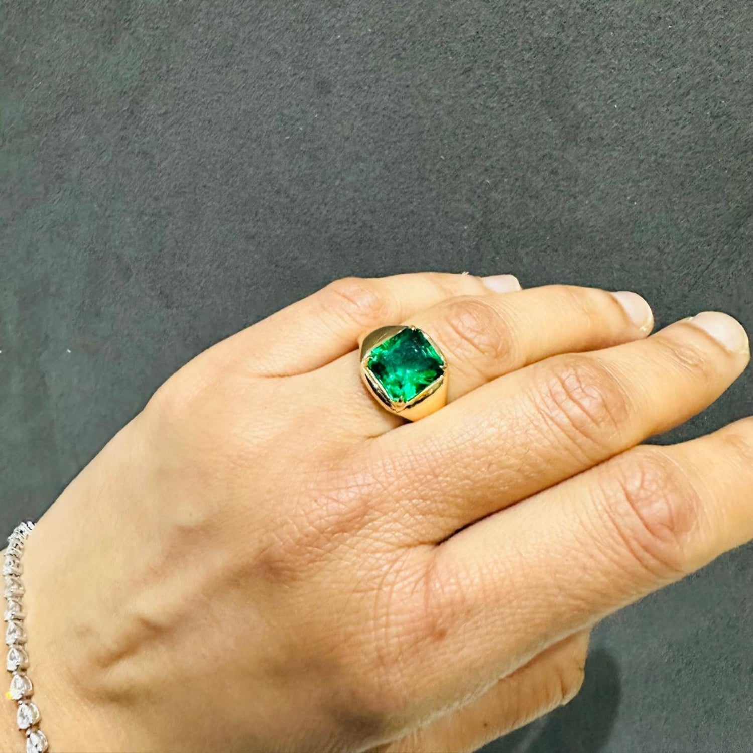 3 Carat Lab Created Solitaire Cushion Cut Emerald Gemstone Ring in 18K Yellow Gold