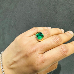 3 Carat Lab Created Solitaire Cushion Cut Emerald Gemstone Ring in 18K Yellow Gold