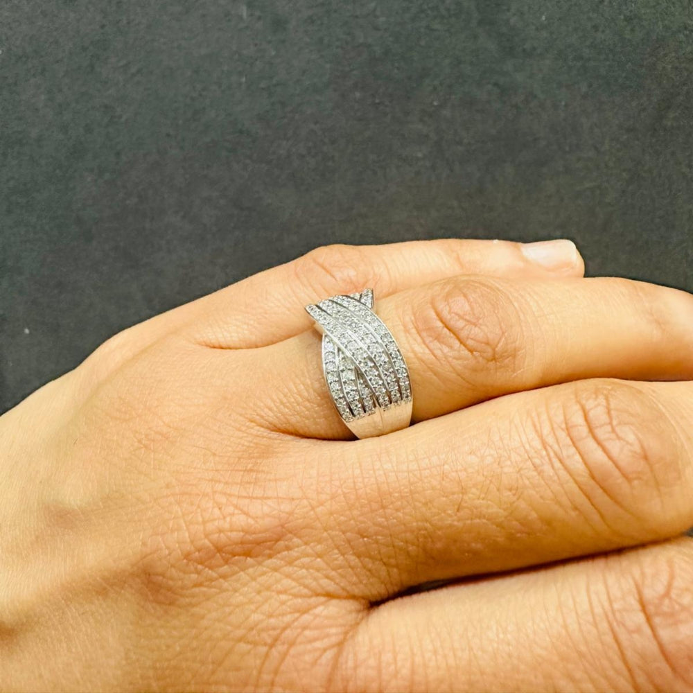 Round Cut Pave Set Criss Cross Multi-Row Lab Grown Diamond Ring 18K White Gold