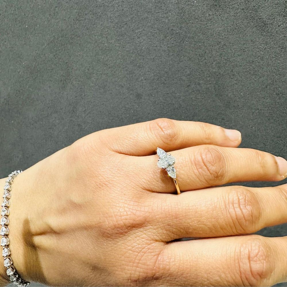 IGI Certified Oval Cut Lab Grown Diamond Three Stone Engagement Ring 18K Yellow Gold Pear Cut