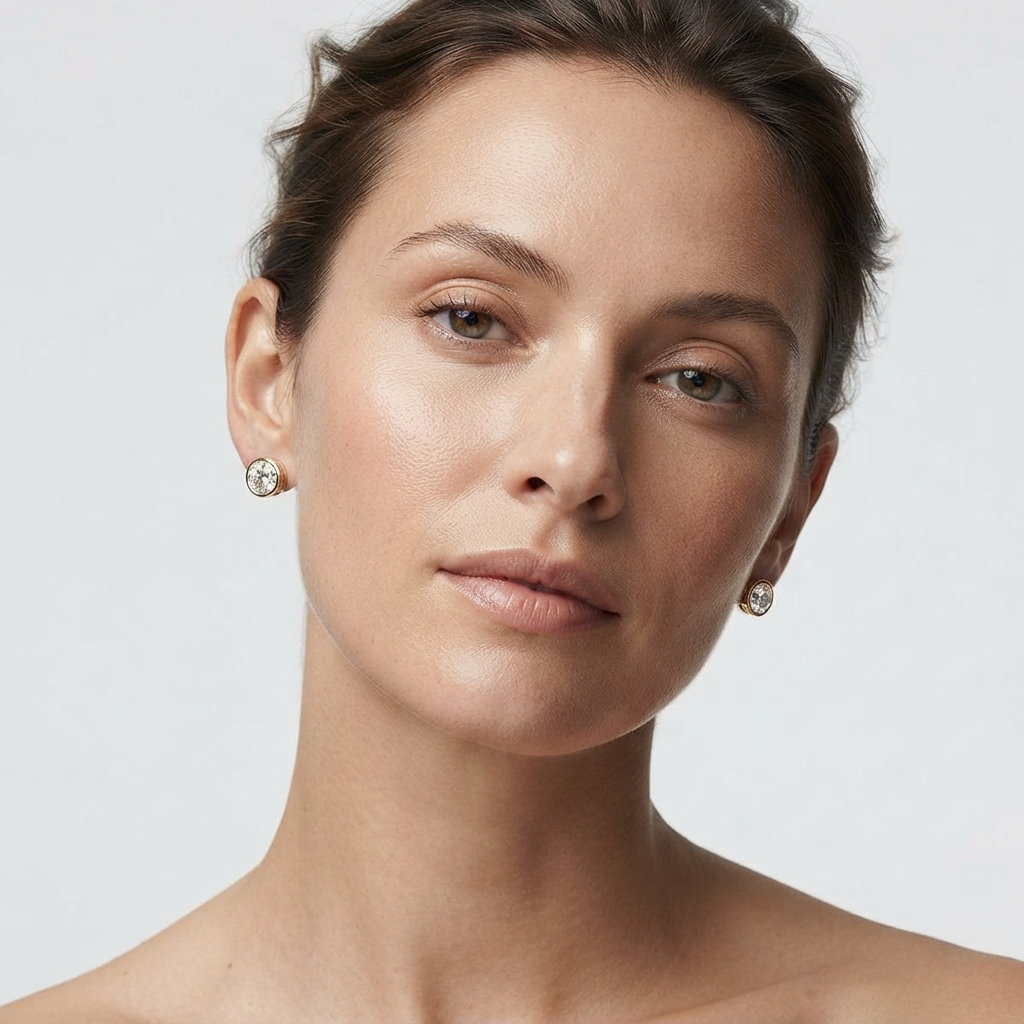 Stud Earrings with Round Bezel Set Diamonds - Solid Gold
