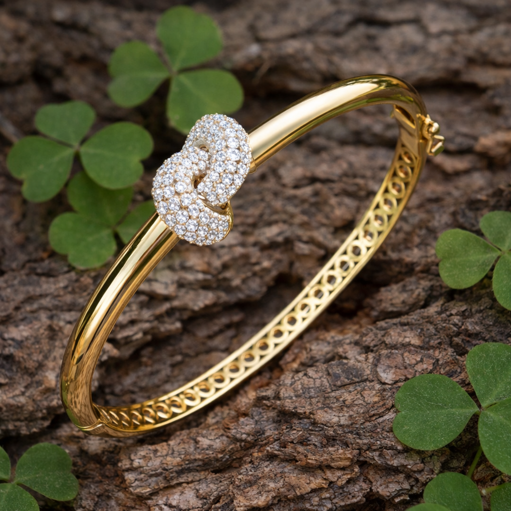 9K Yellow Gold Natural Round Cut Diamond Cluster Knot Fancy Bangle with Hinged Lock